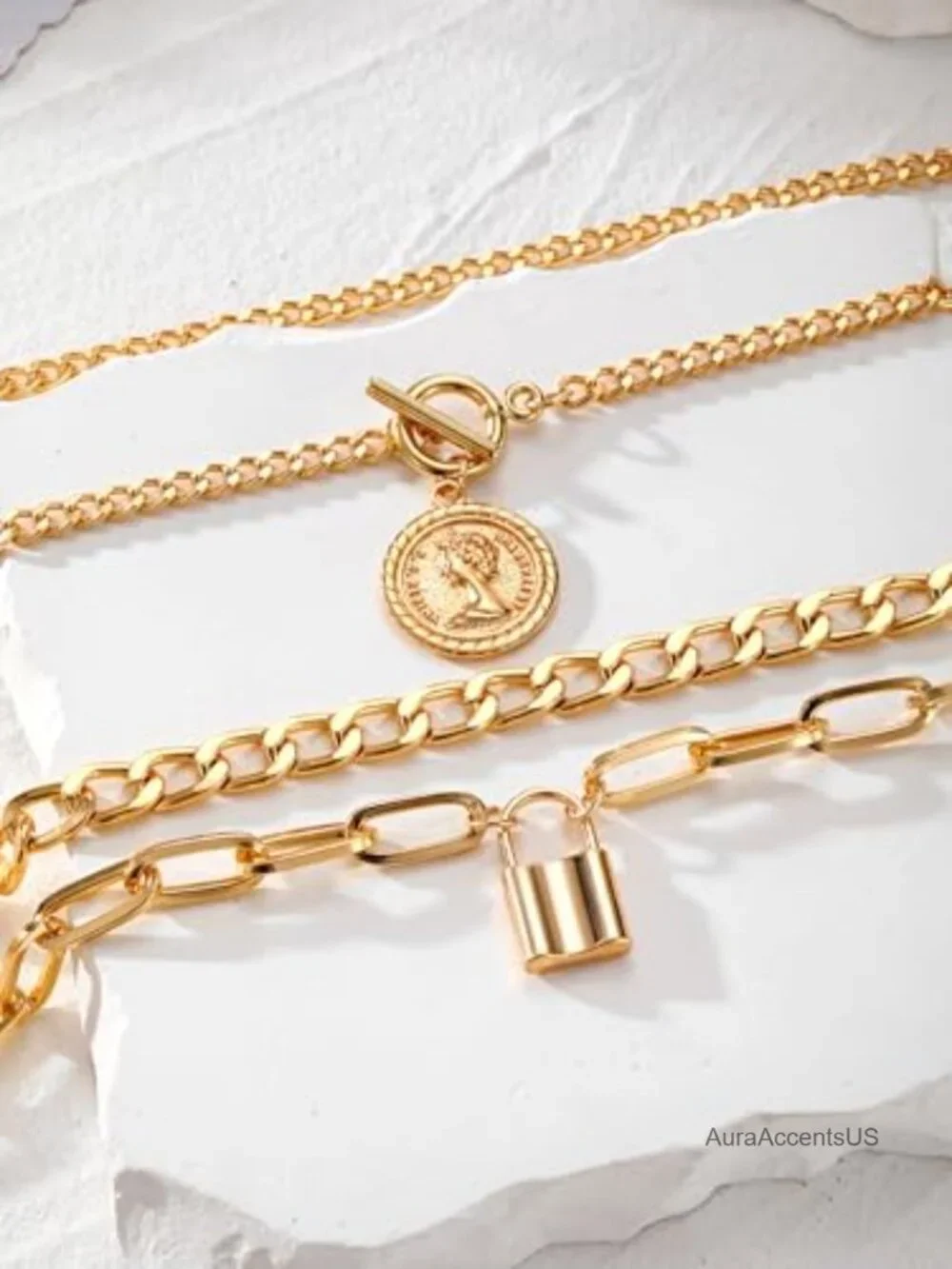 Layered Necklace Set for Women Chunky Gold Tone Coin Pendant Chain Necklace